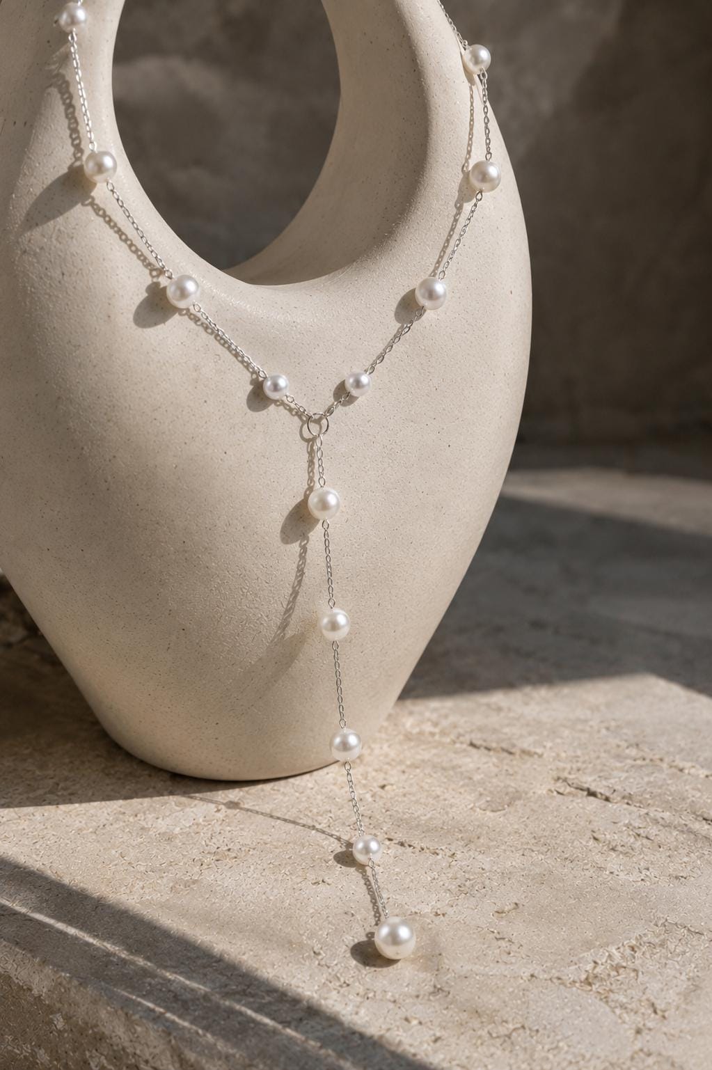 Elegant Silver Pearl Lariat Necklace, Custom Length Bridal Jewelry