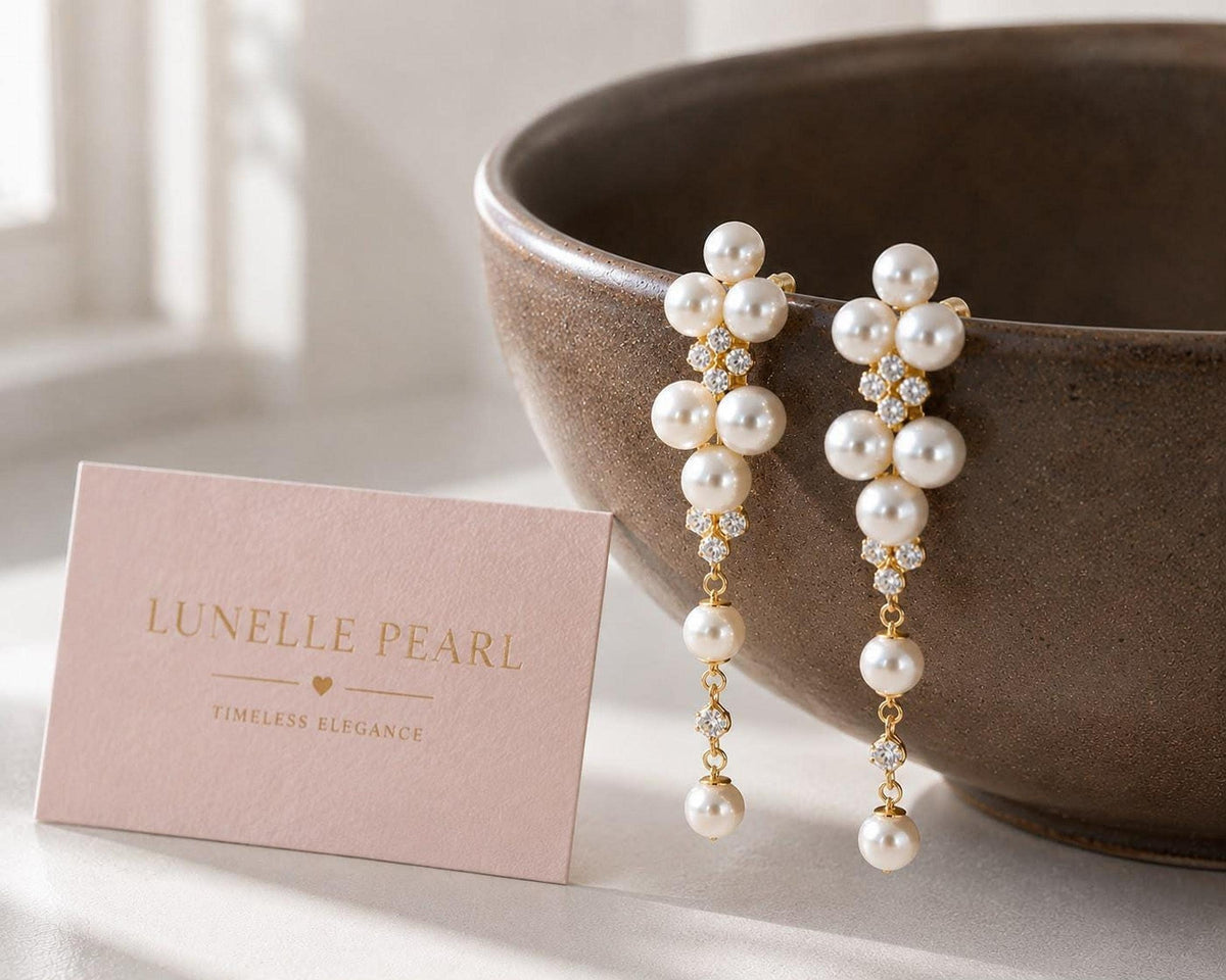 Long Floral Pearl Drop Earrings, Gold-Tone Bridal Jewelry for Weddings