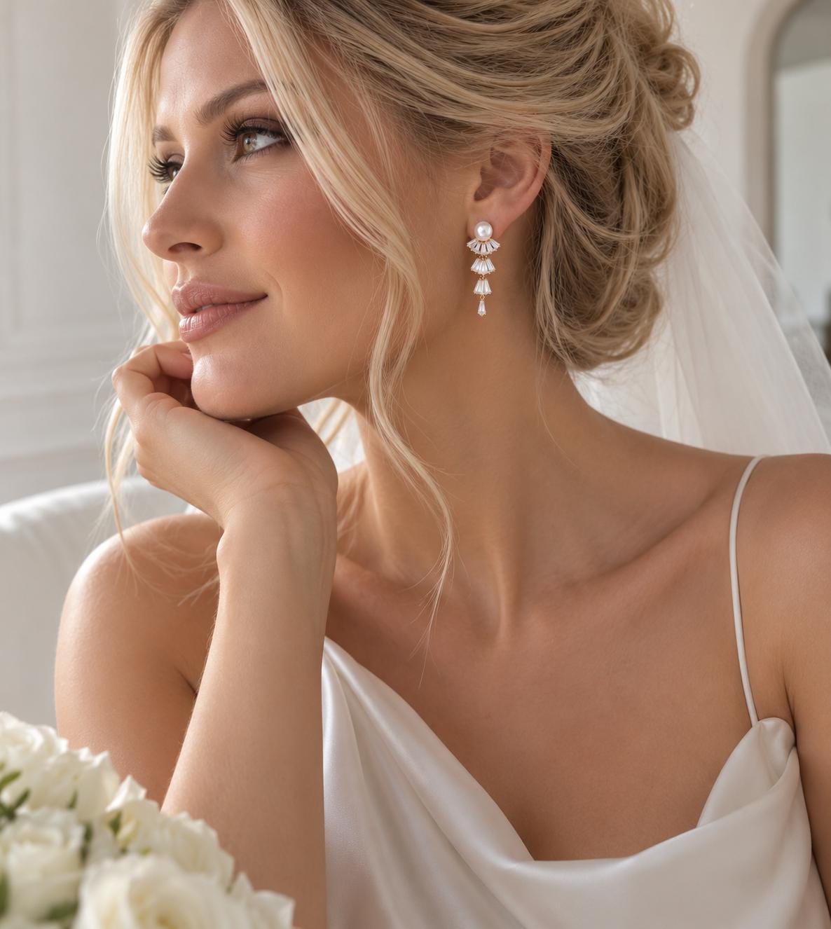 Pearl Bridal Earrings, Gold Crystal Drop, 4.5 cm Stainless Steel