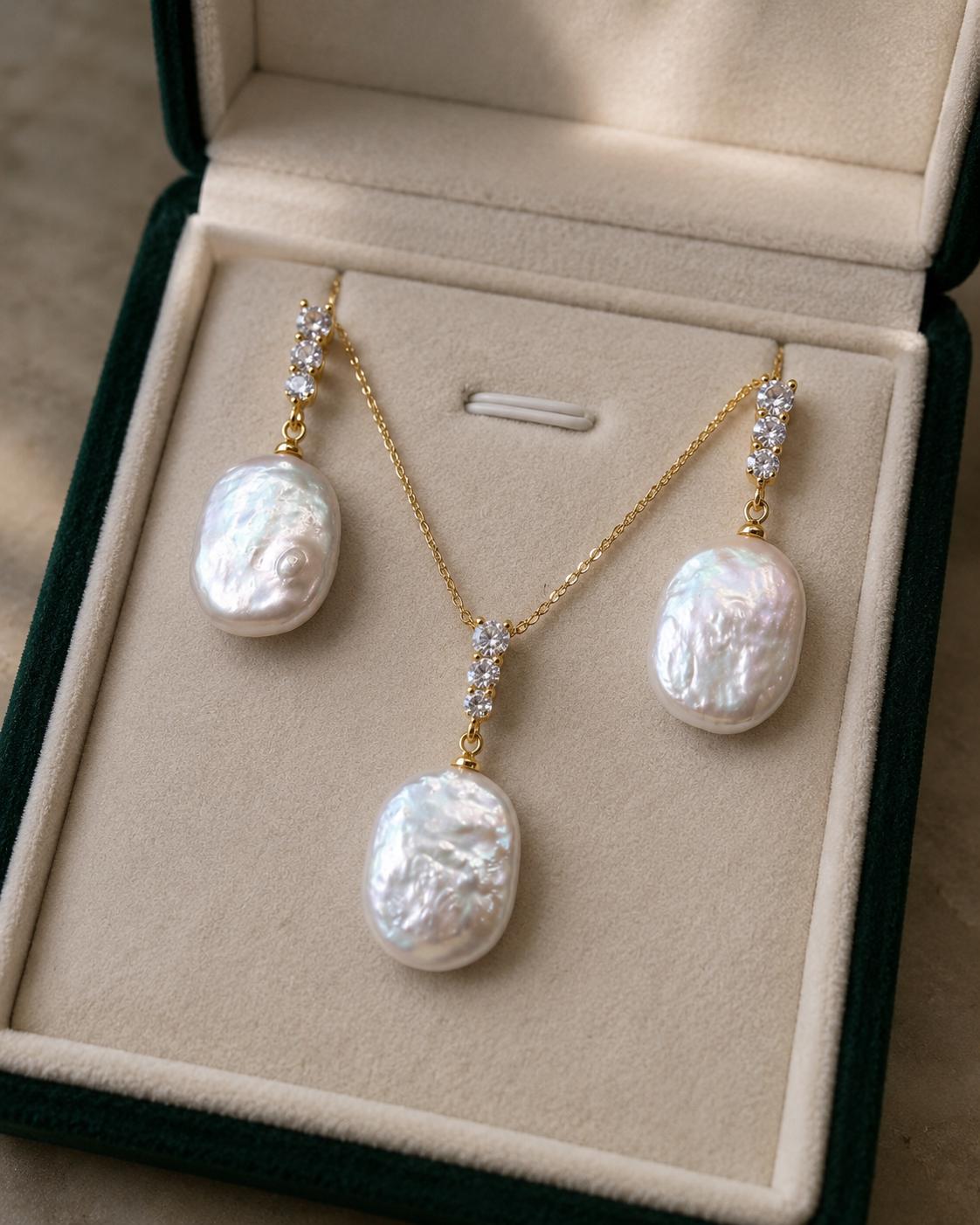 18K Gold Plated Baroque Pearl Jewellery Set, Bridal Necklace Earrings, Elegant Wedding