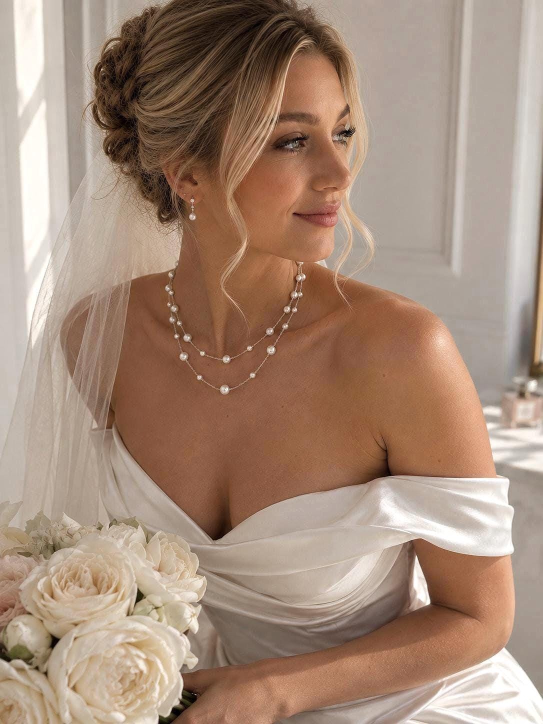 Double Layer Pearl Necklace, Bridal and Bridesmaid Wedding Jewelry And Gift