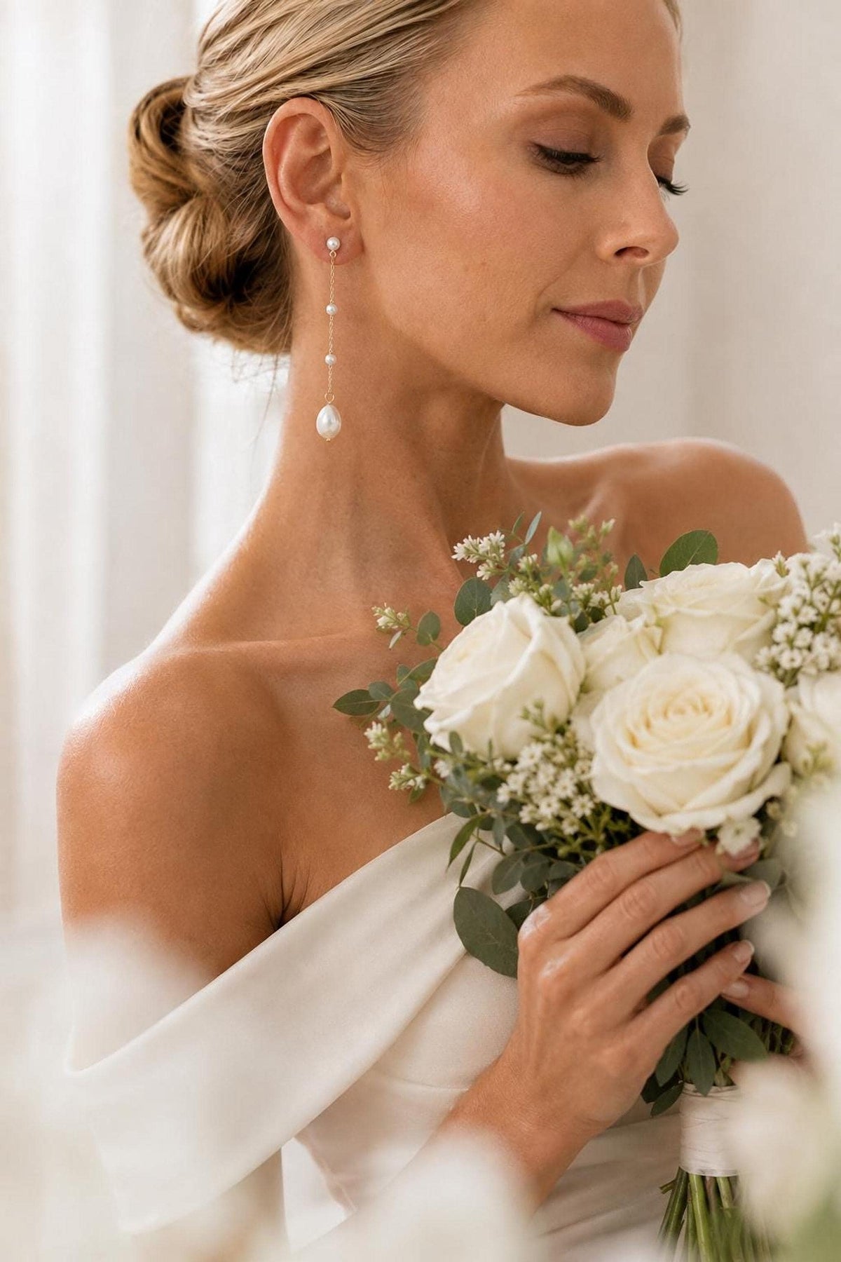 Delicate Pearl Long Drop Bridal Earrings, 14K Gold or Silver Filled Chain