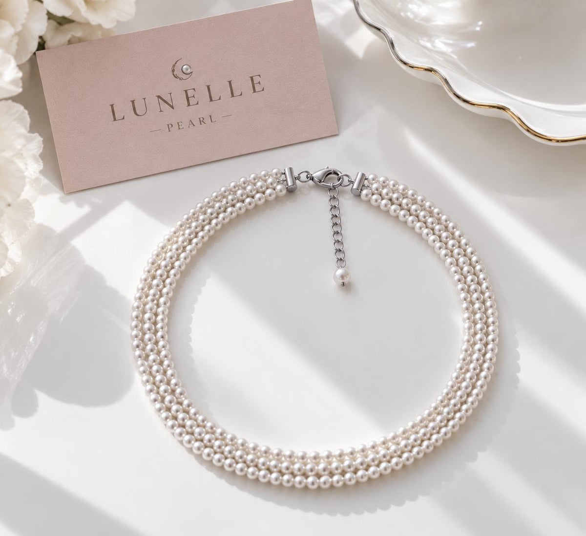 Layered Pearl Choker Necklace, Elegant Bridal Jewelry with Custom Length Options