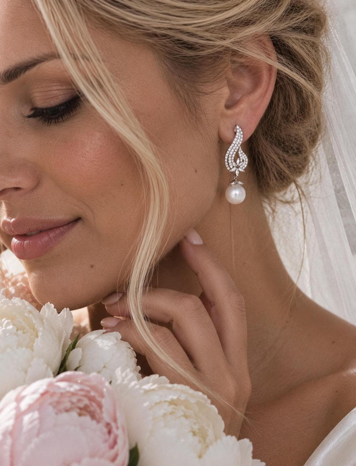Pearl Bridal Earrings, Stainless Steel Zirconia Drop, 5 cm Wedding Jewelry