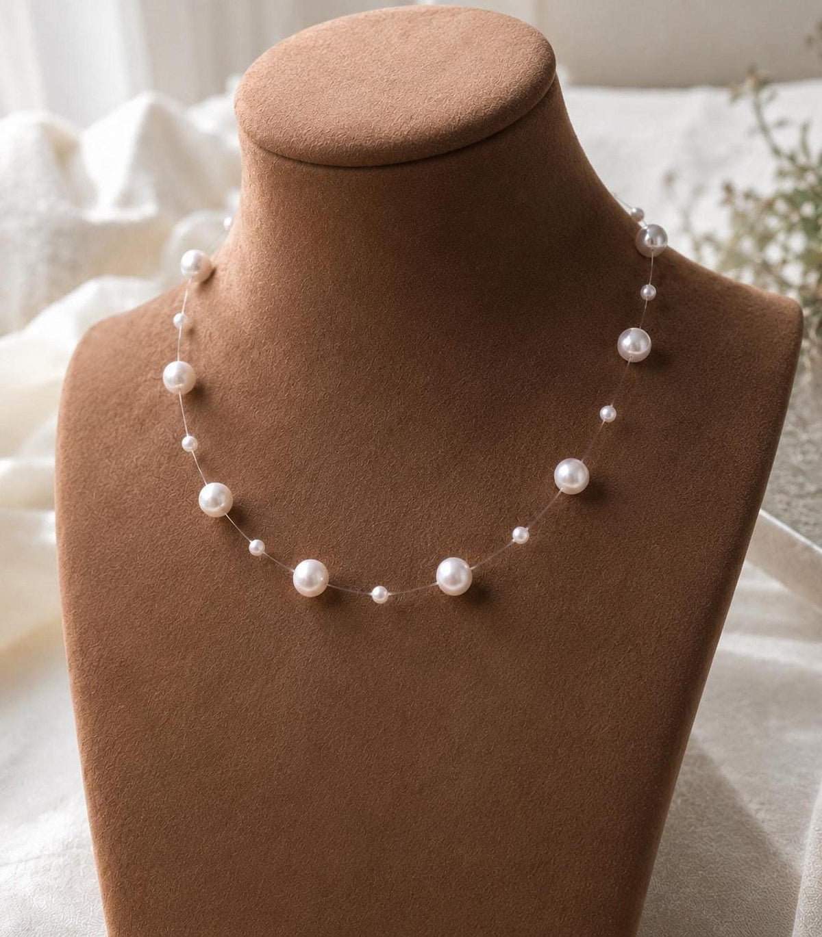 Floating Pearl Necklace: Minimalist Bridal Wedding Jewelry Choker
