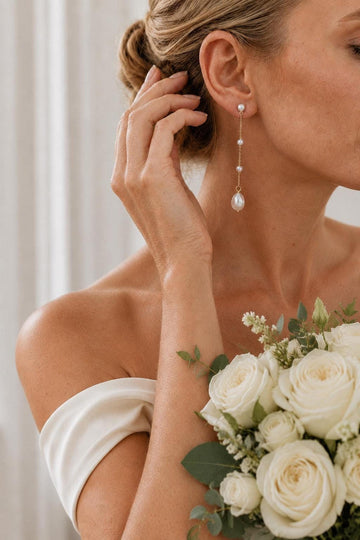 Long Pearl Drop Bridal Earrings, Delicate Chain Design in Gold or Silver