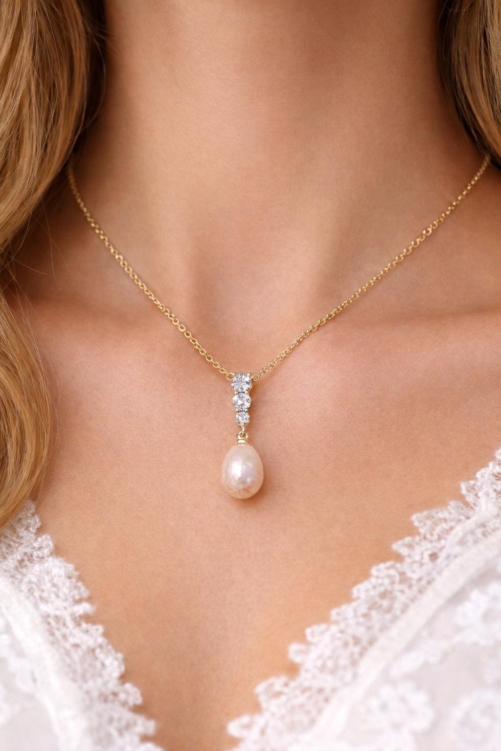Freshwater Pearl Bridal Necklace, 18K Gold Plated Wedding Jewelry