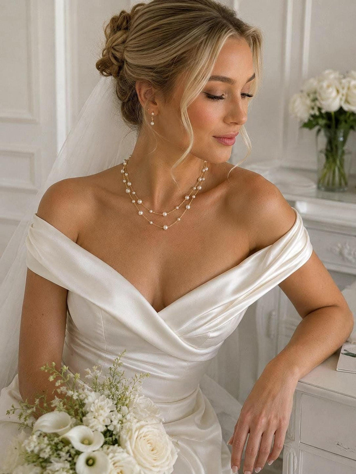 Bridal Pearl Necklace, Double Layered Gold and Silver Wedding Jewelry