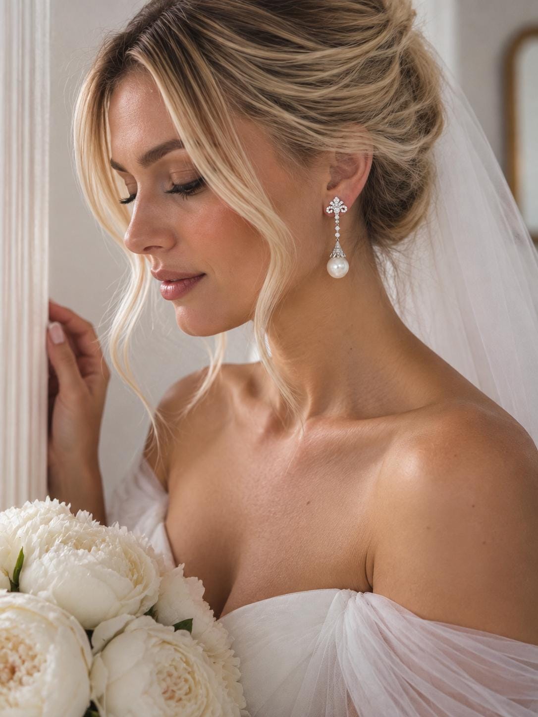 Countess Fleur Pearl Drop Earrings, Crystal Bridal Jewelry, Silver Filled, Art Deco Style