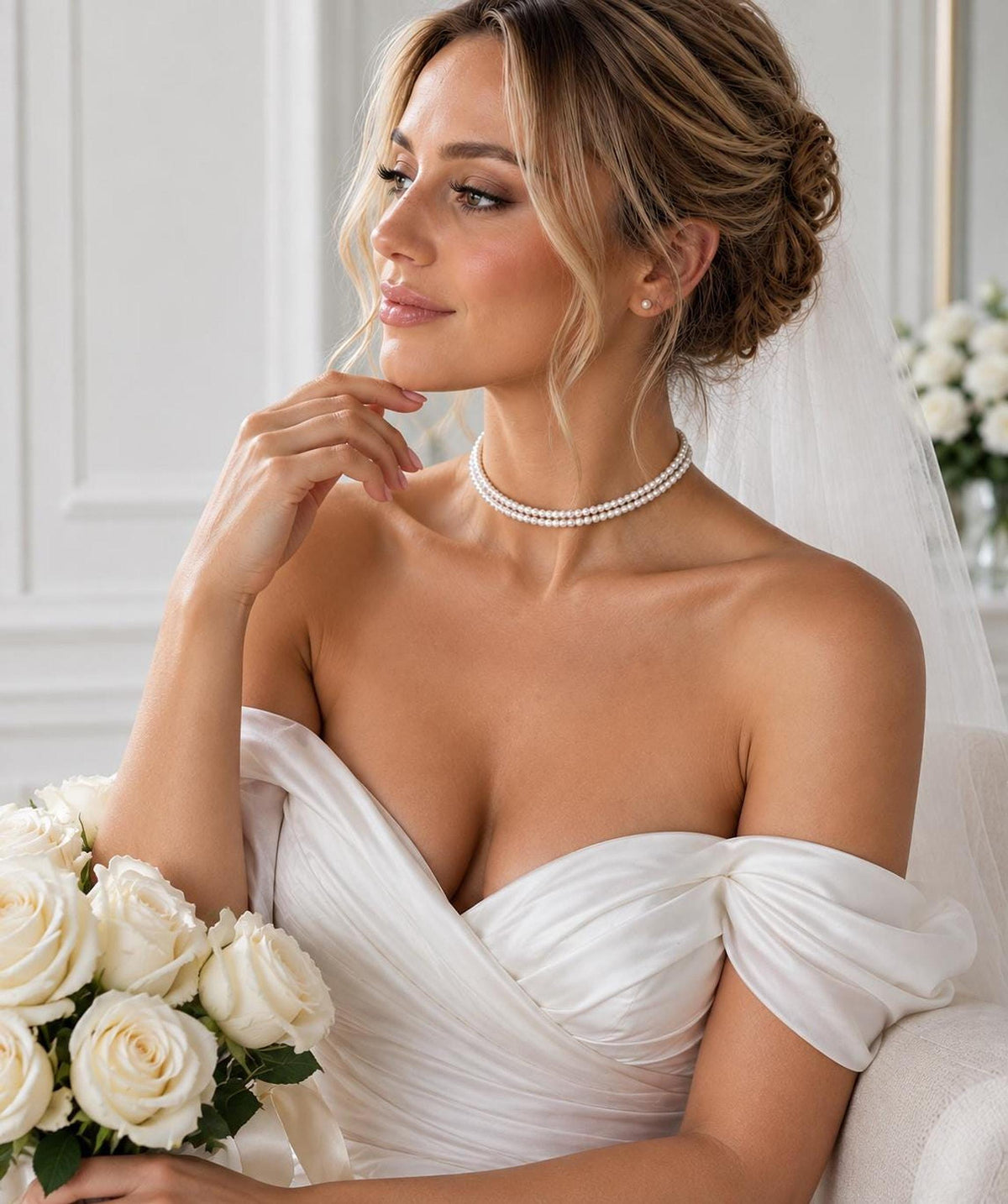 Double Strand Pearl Choker Necklace, Bridal Wedding Jewelry