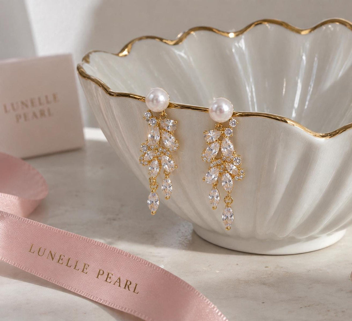 Mother of Pearl Vine Earrings – Gold Crystal Bridal Drops