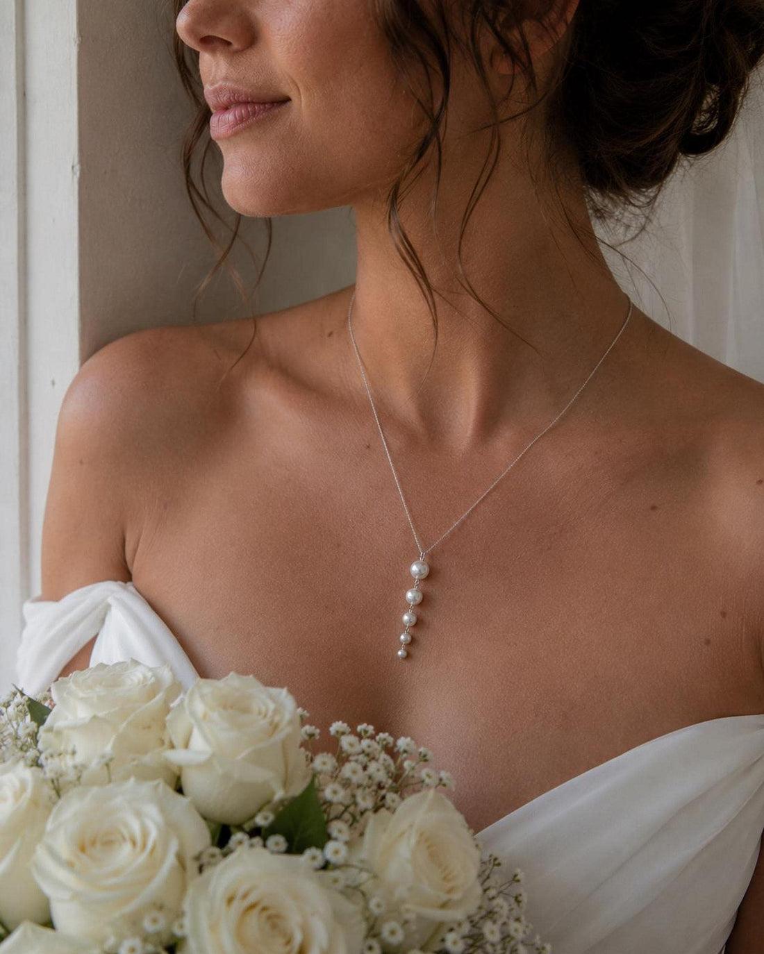 Silver Pearl Drop Necklace, Elegant Bridal Jewelry with 47 cm Chain