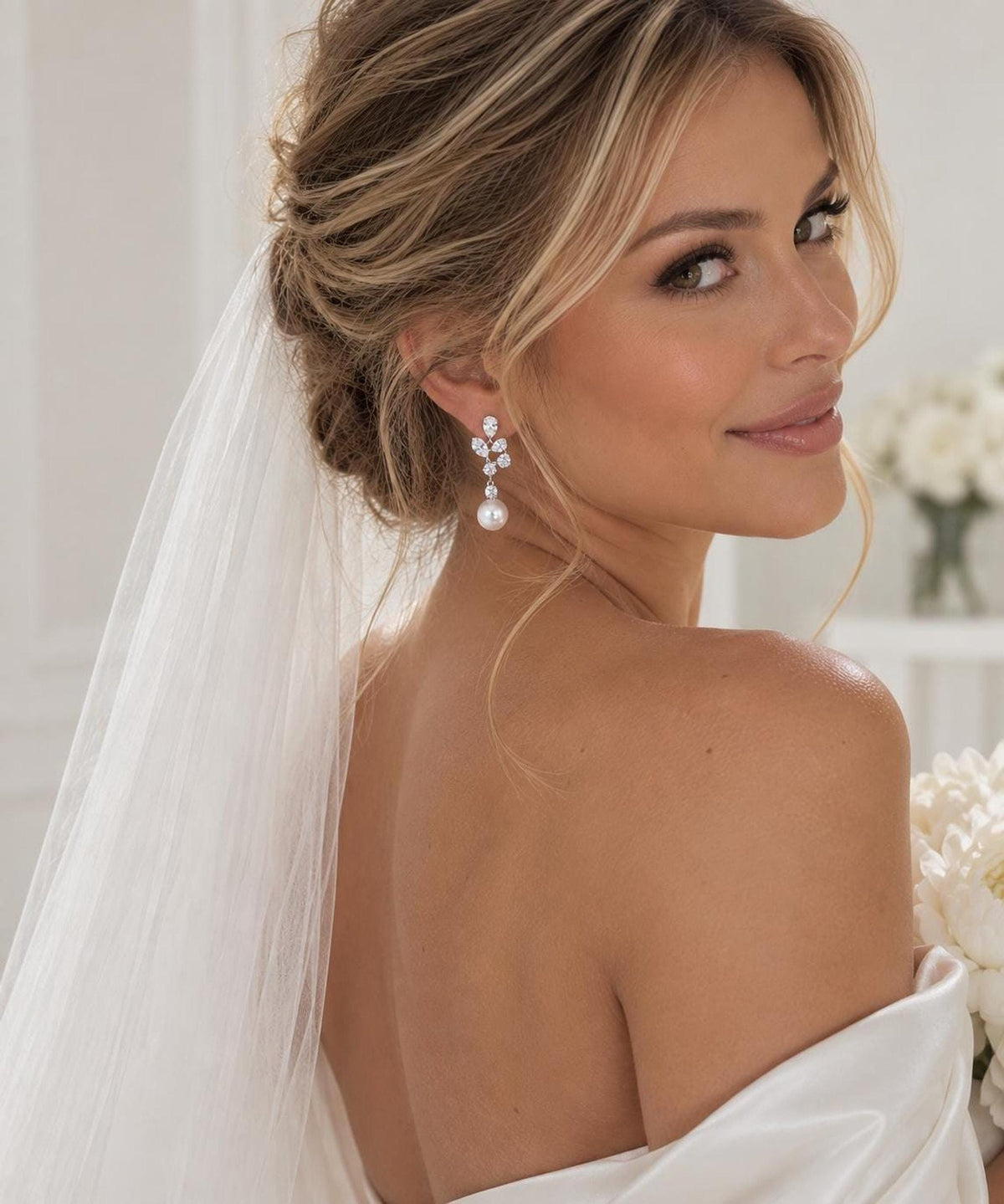 Elegant Pearl Drop Earrings with Crystal Leaf Design, Silver