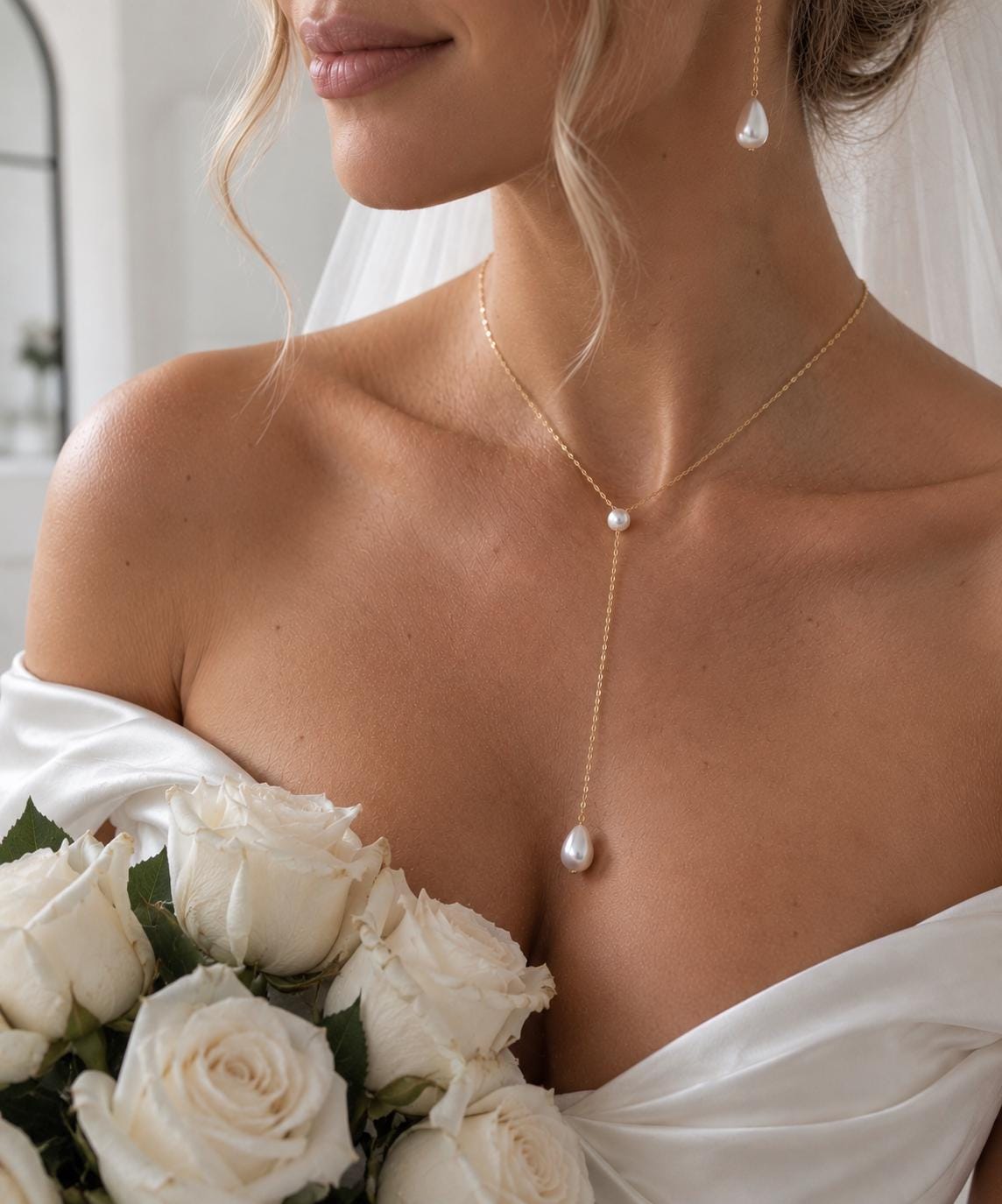 Pearl Y Necklace, 14K Gold-Plated Chain, Bridal Lariat