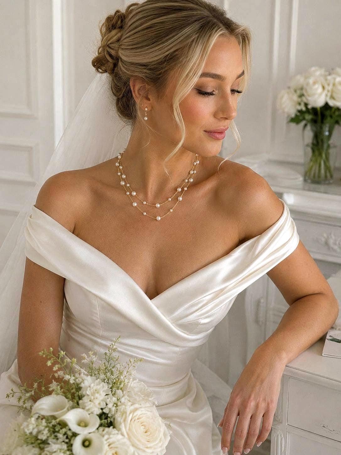 Double Layer Pearl Necklace, Bridal and Bridesmaid Wedding Jewelry