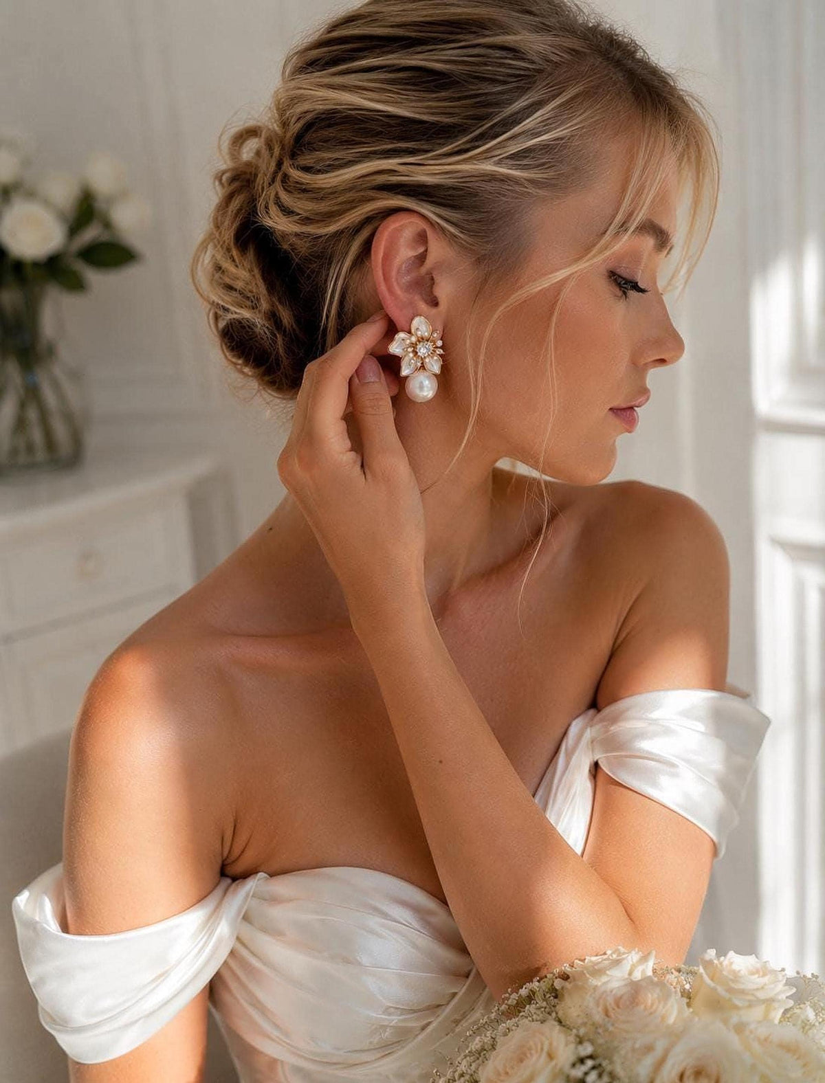 Cherry Blossom Bridal Pearl Drop Earrings