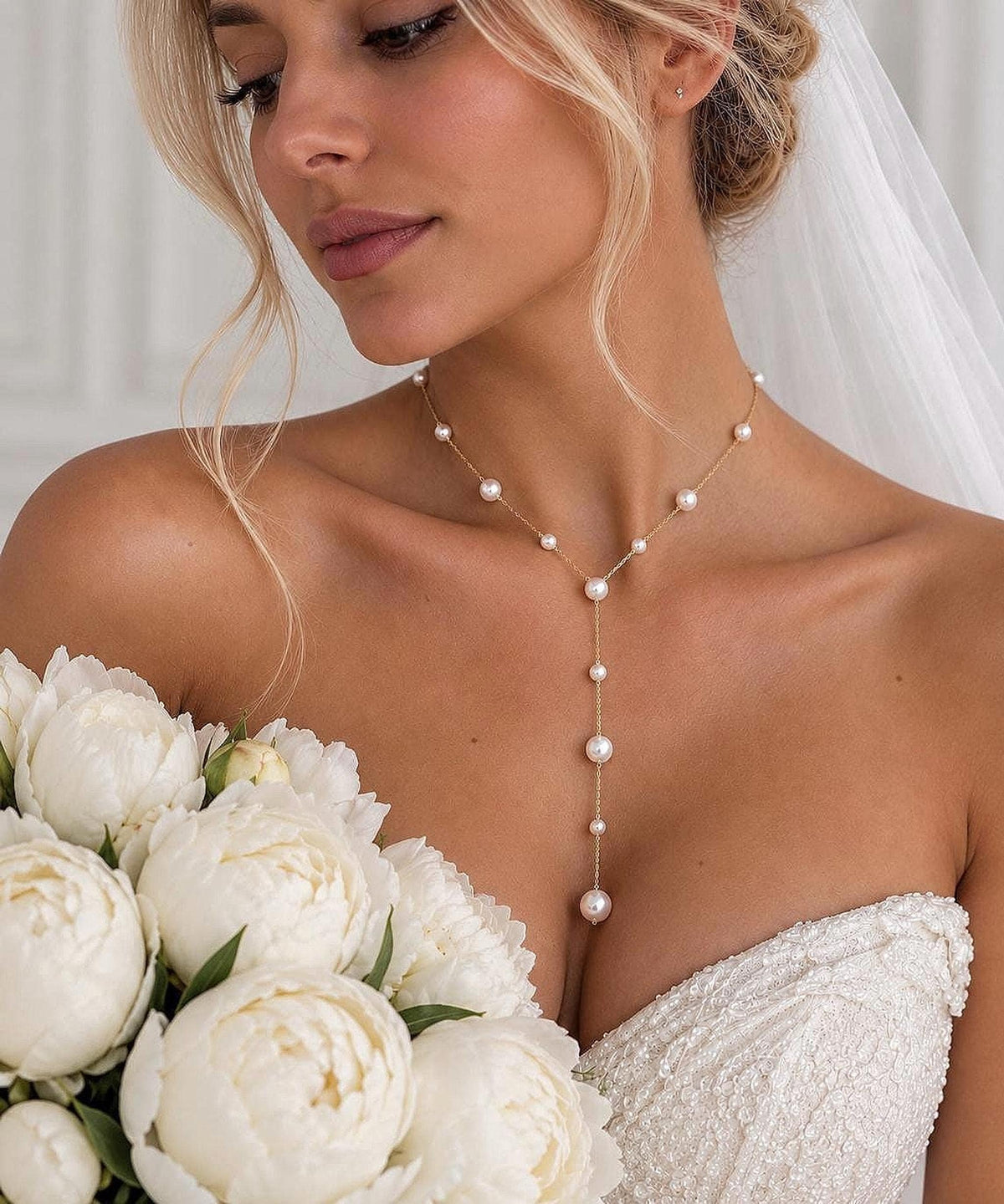 Pearl Lariat Bridal Necklace, 14K Gold Plated Y with Elegant