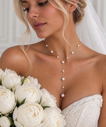 Pearl Lariat Bridal Necklace, 14K Gold Plated Y with Elegant