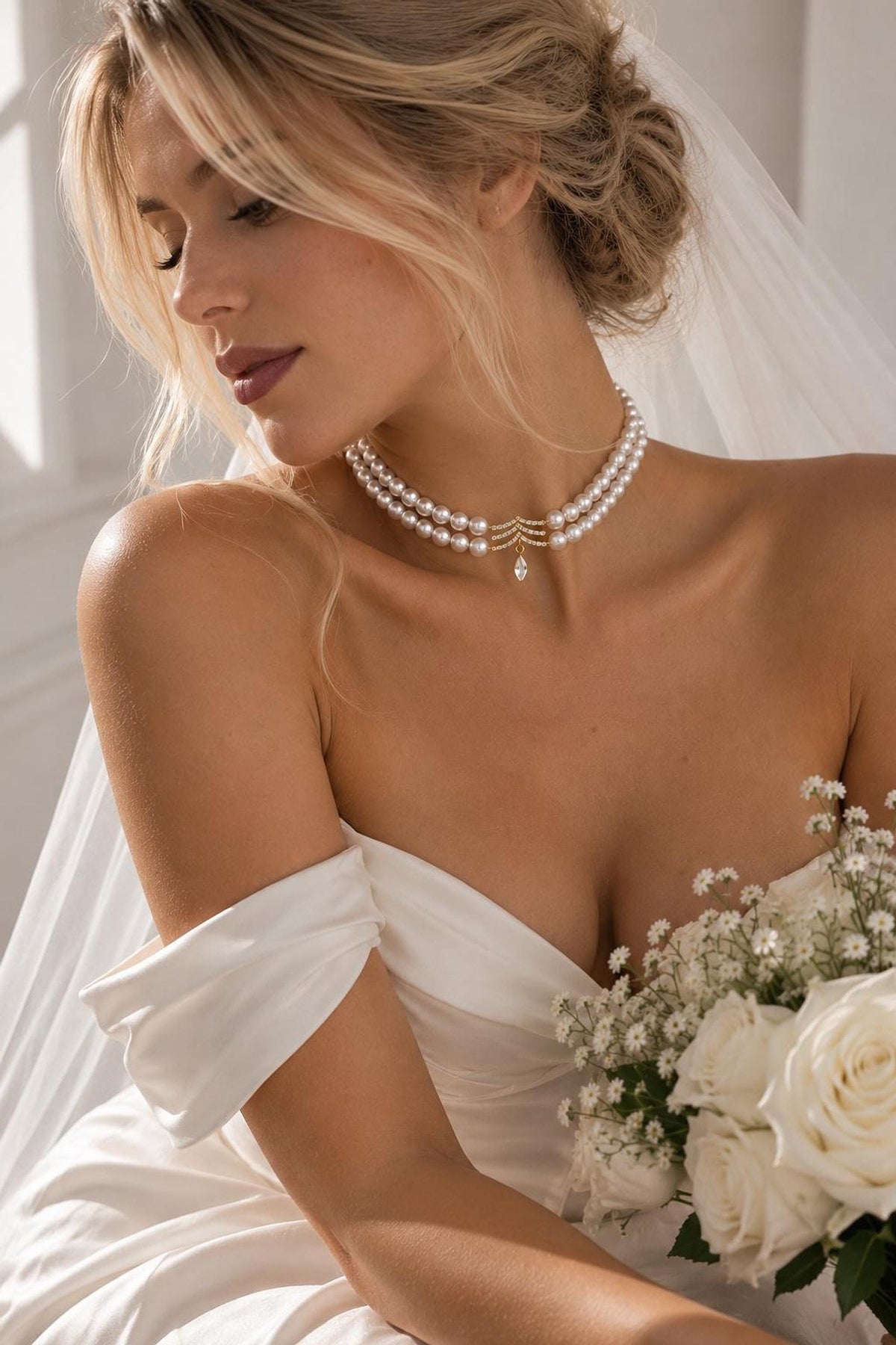 Celestia Double Strand Pearl Choker Necklace, Gold Crystal Bridal Jewelry