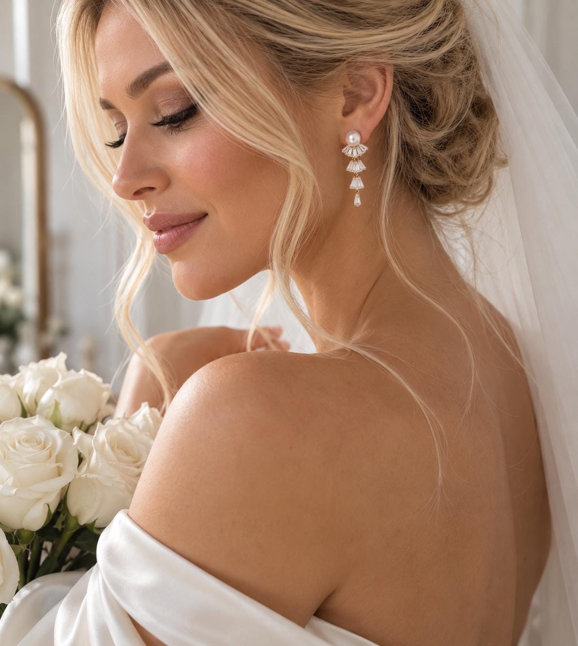 Pearl Bridal Earrings, Gold Crystal Drop Design Mermaids