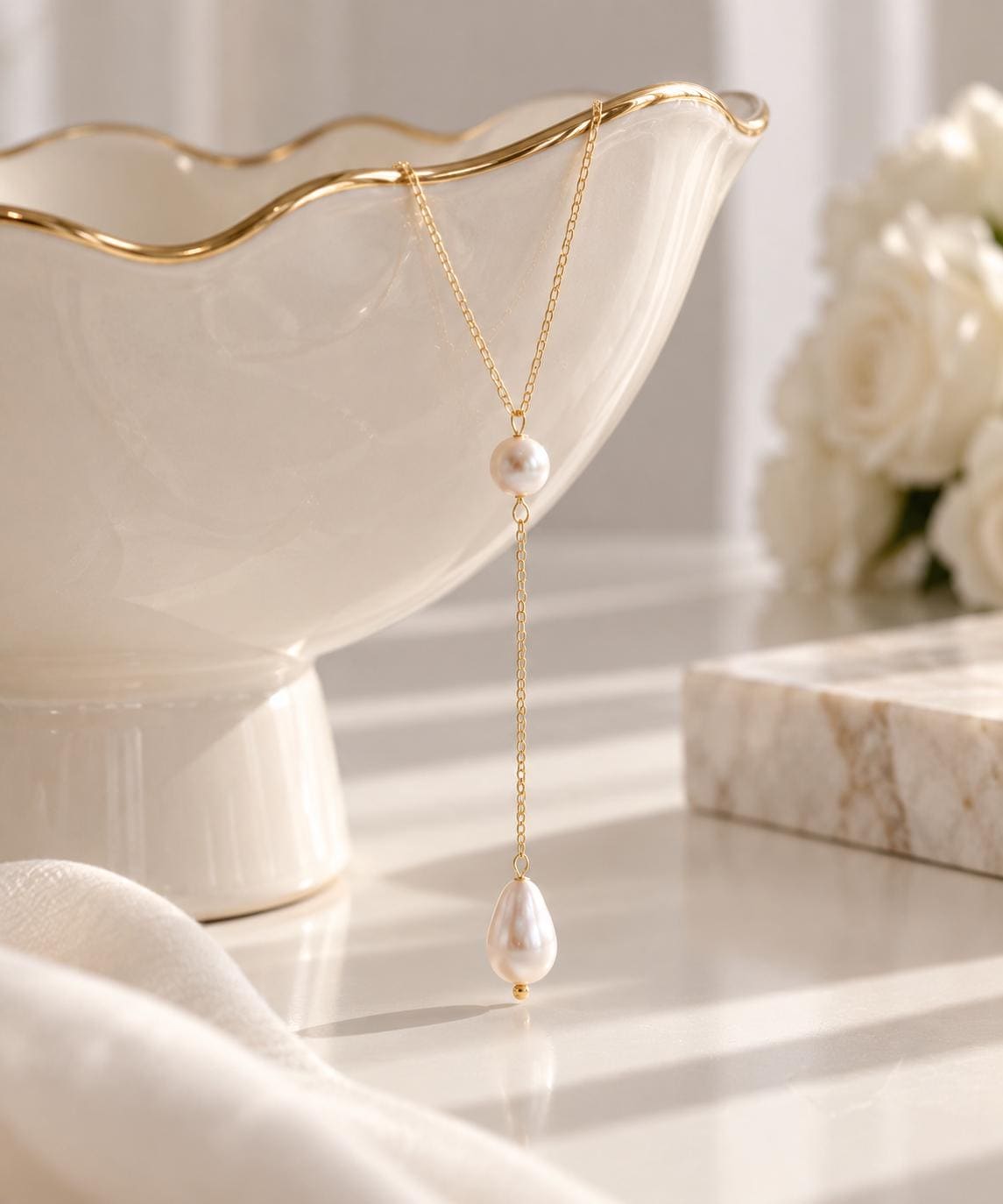Pearl Y Necklace, 14K Gold-Plated Chain, Bridal Lariat