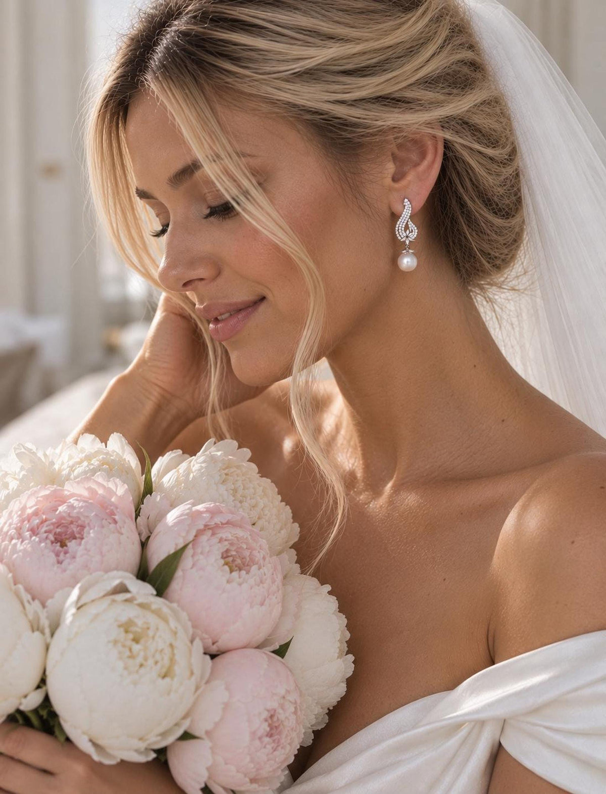 Pearl Bridal Earrings, Stainless Steel Zirconia Drop, 5 cm Wedding Jewelry