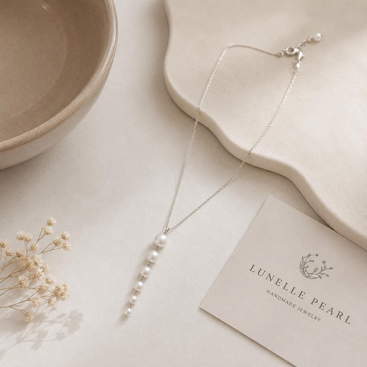 Silver Pearl Drop Necklace, Elegant Bridal Jewelry with 47 cm Chain