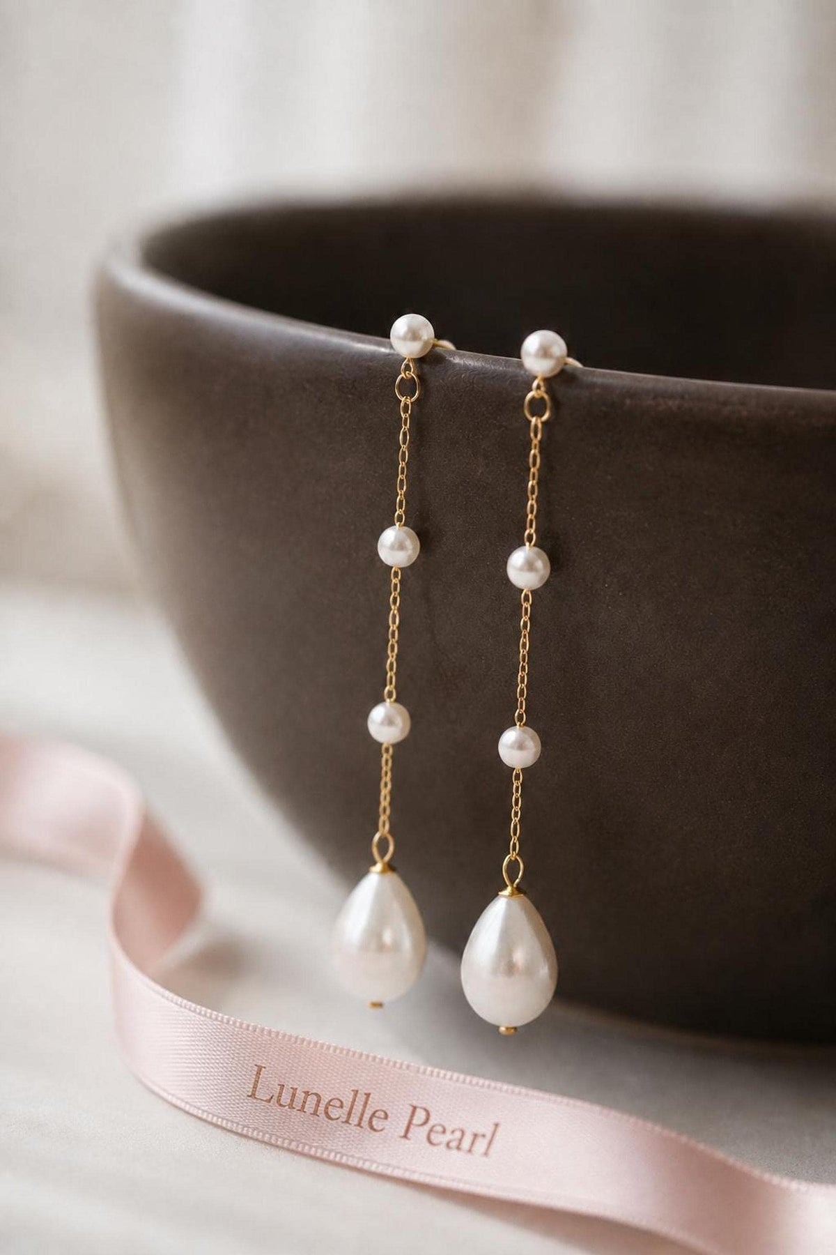 Long Pearl Drop Bridal Earrings, Delicate Chain Design in Gold or Silver