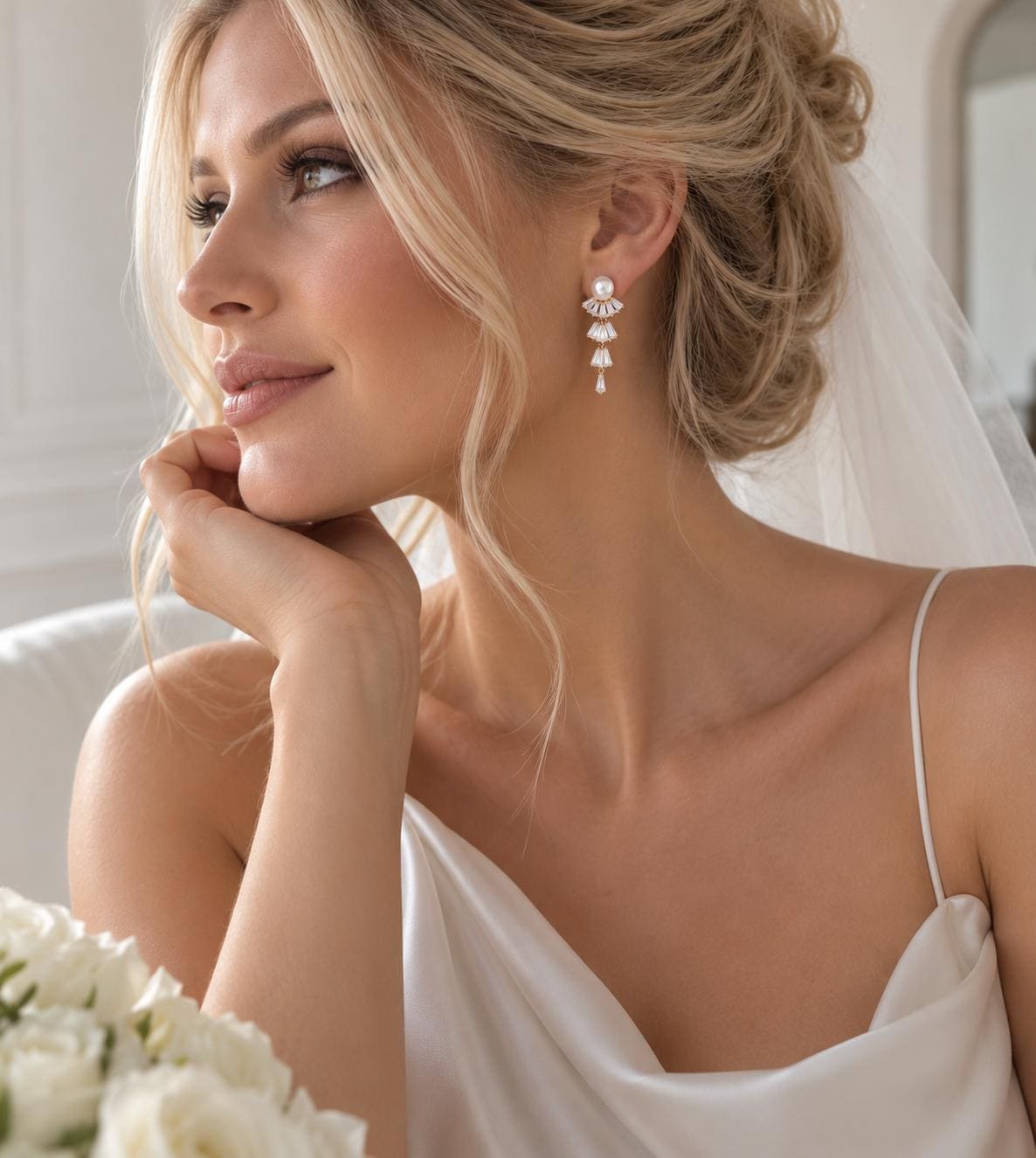 Pearl Bridal Earrings, Gold Crystal Drop Design Mermaids