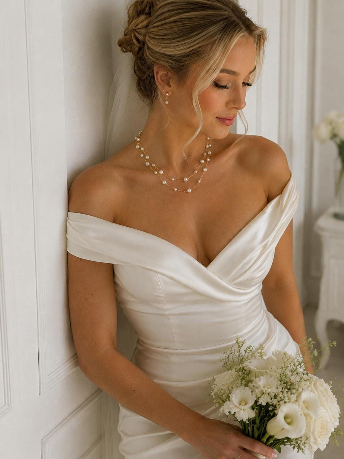 Bridal Pearl Necklace, Double Layered Gold and Silver Wedding Jewelry