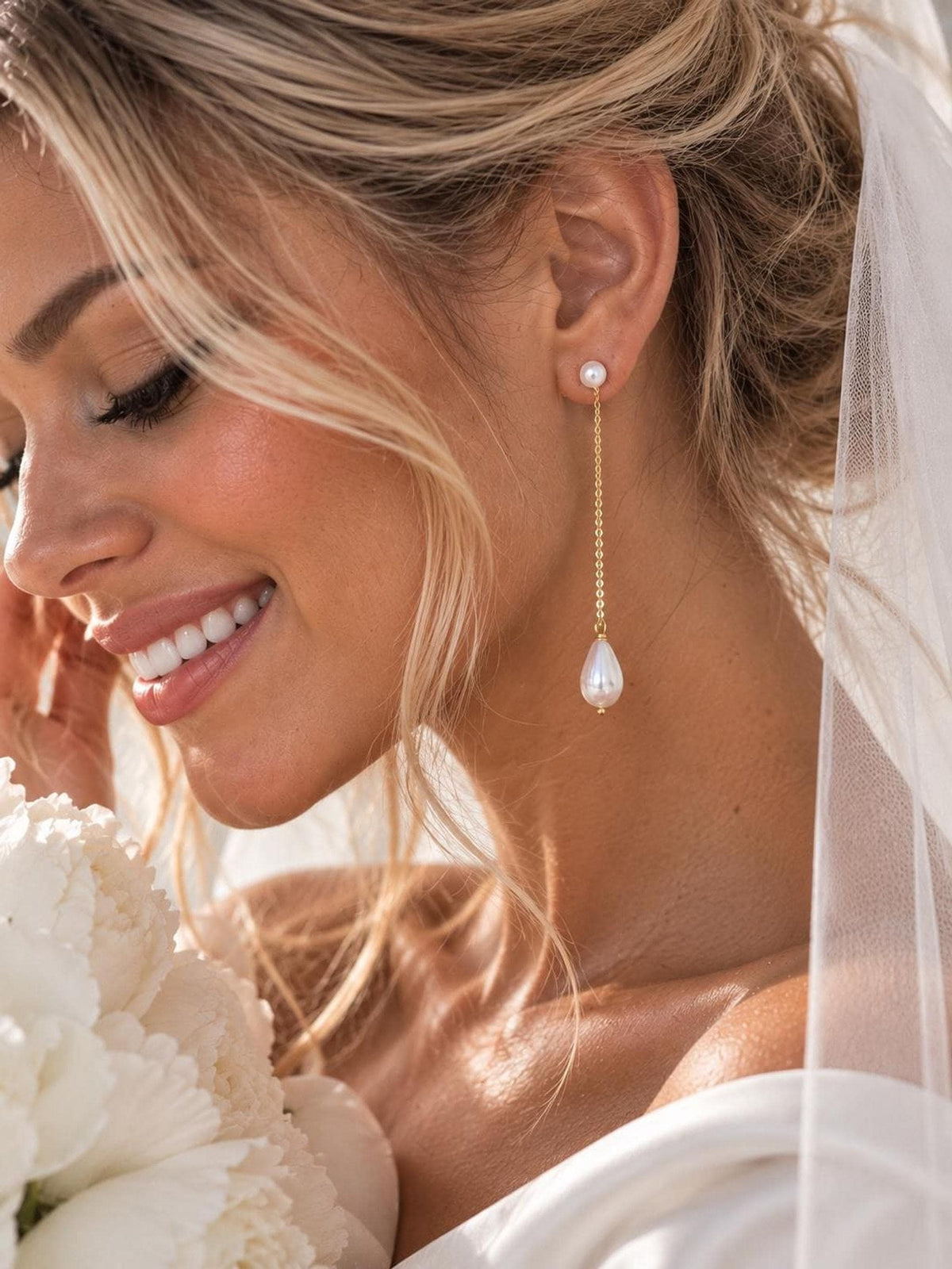 Long Pearl Drop Earrings, 7 Cm with Italian 14K Gold-Plated Bridal Jewelry