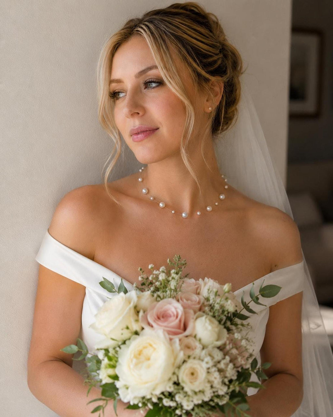 Floating Pearl Necklace: Minimalist Bridal Wedding Jewelry Choker
