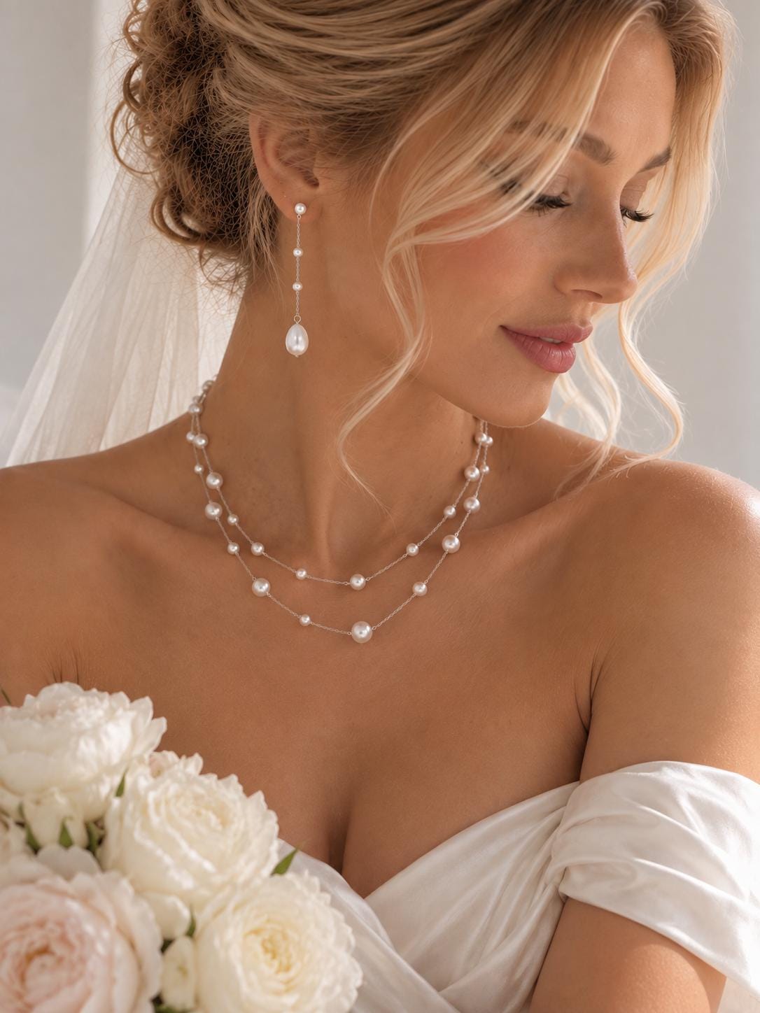 Double Layer Pearl Necklace, Bridal and Bridesmaid Wedding Jewelry And Gift