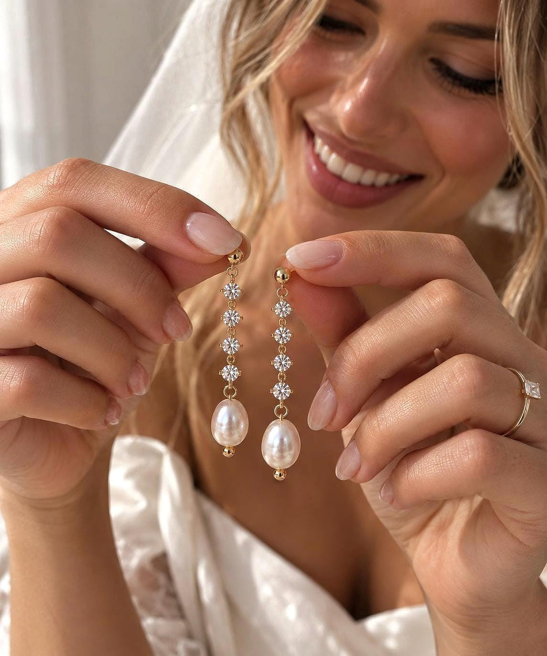 Mother of Pearl Earrings with Delicate Crystal Drops