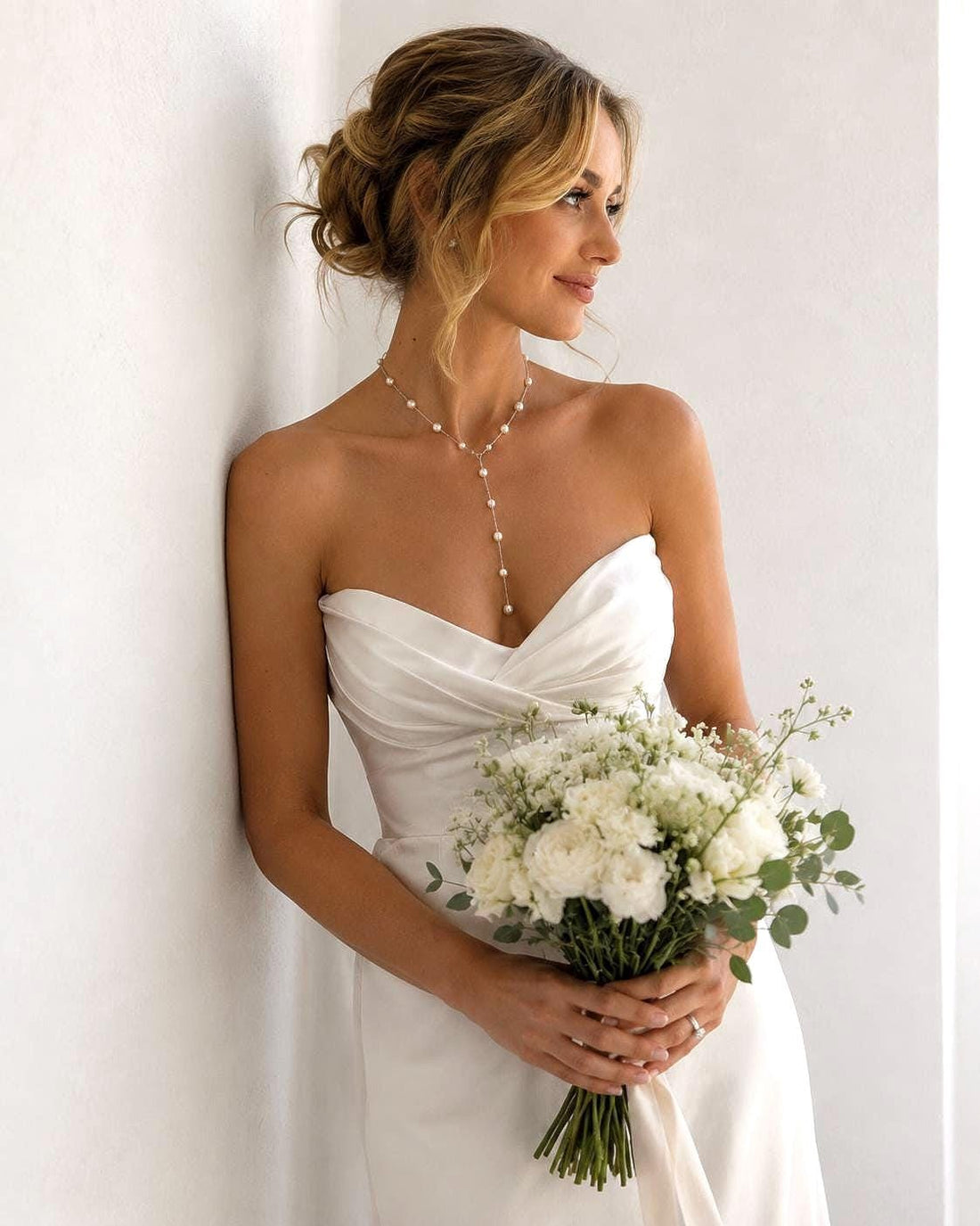 Elegant Silver Pearl Lariat Necklace, Custom Length Bridal Jewelry