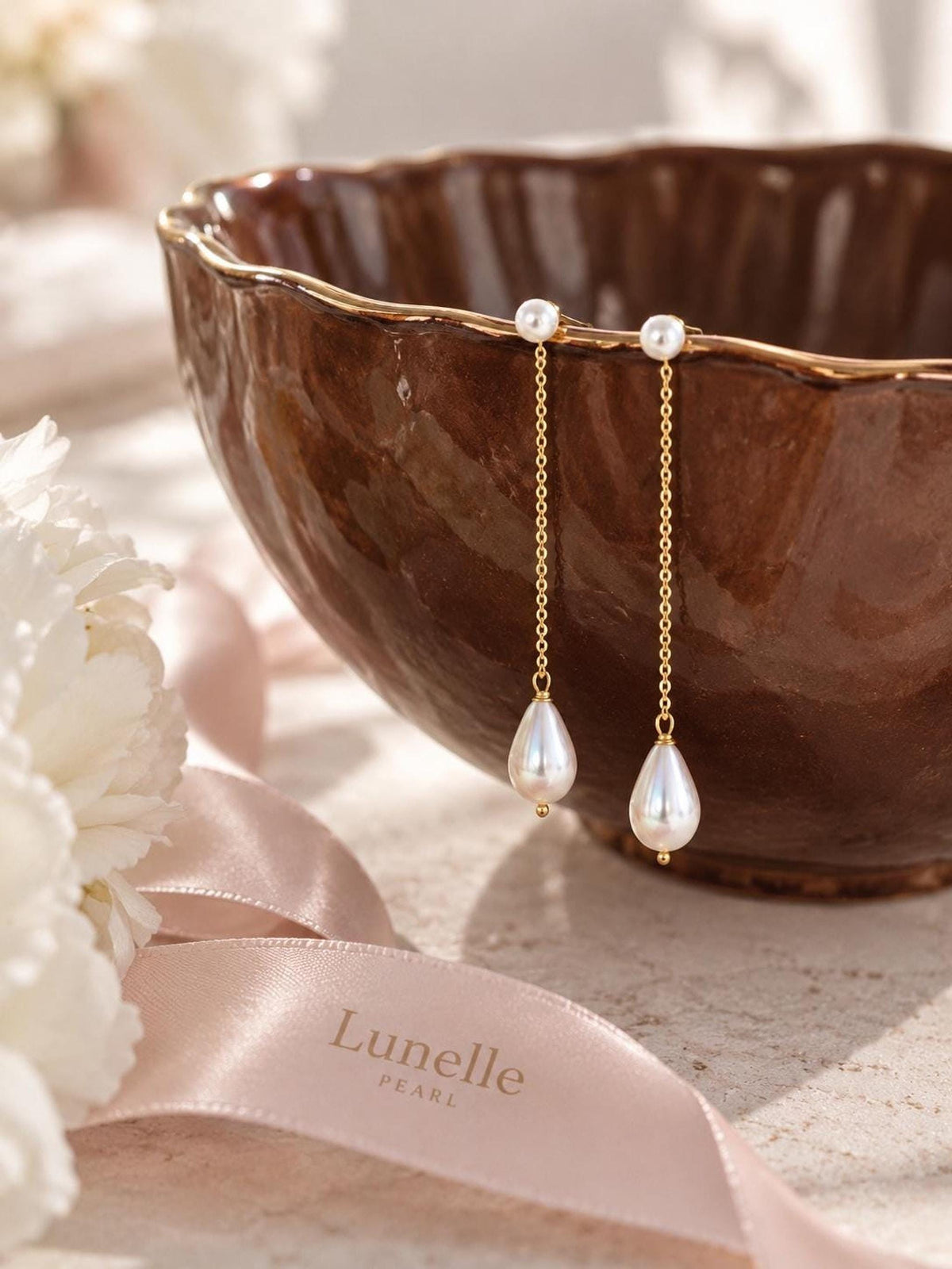 Long Pearl Drop Earrings, 7 Cm with Italian 14K Gold-Plated Bridal Jewelry