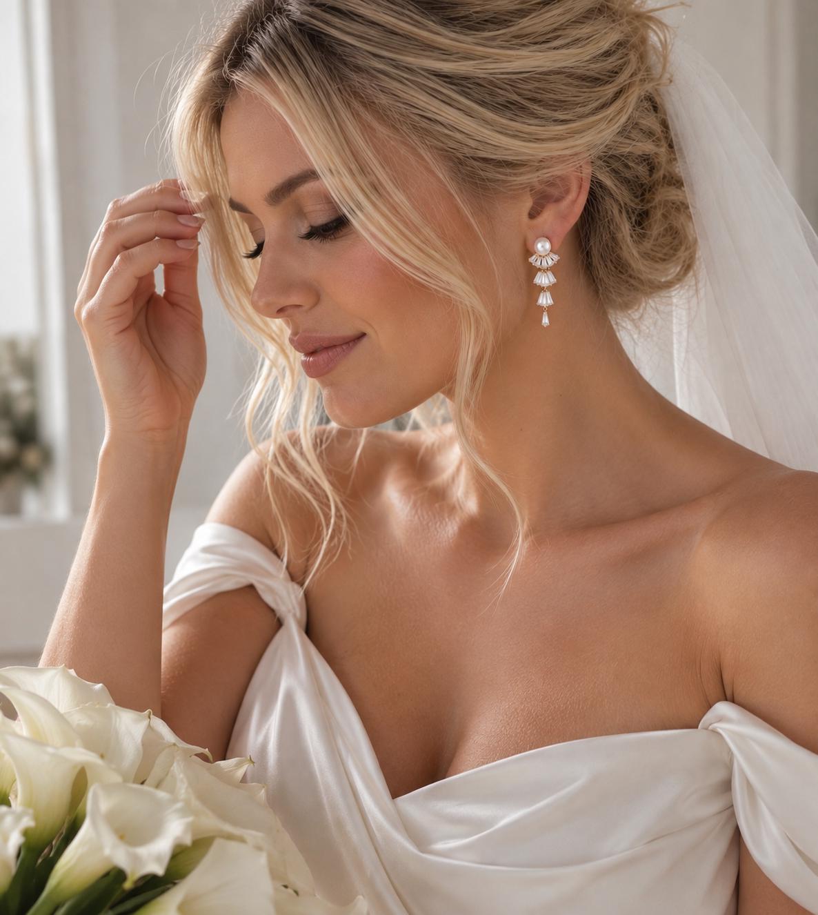 Pearl Bridal Earrings, Gold Crystal Drop, 4.5 cm Stainless Steel