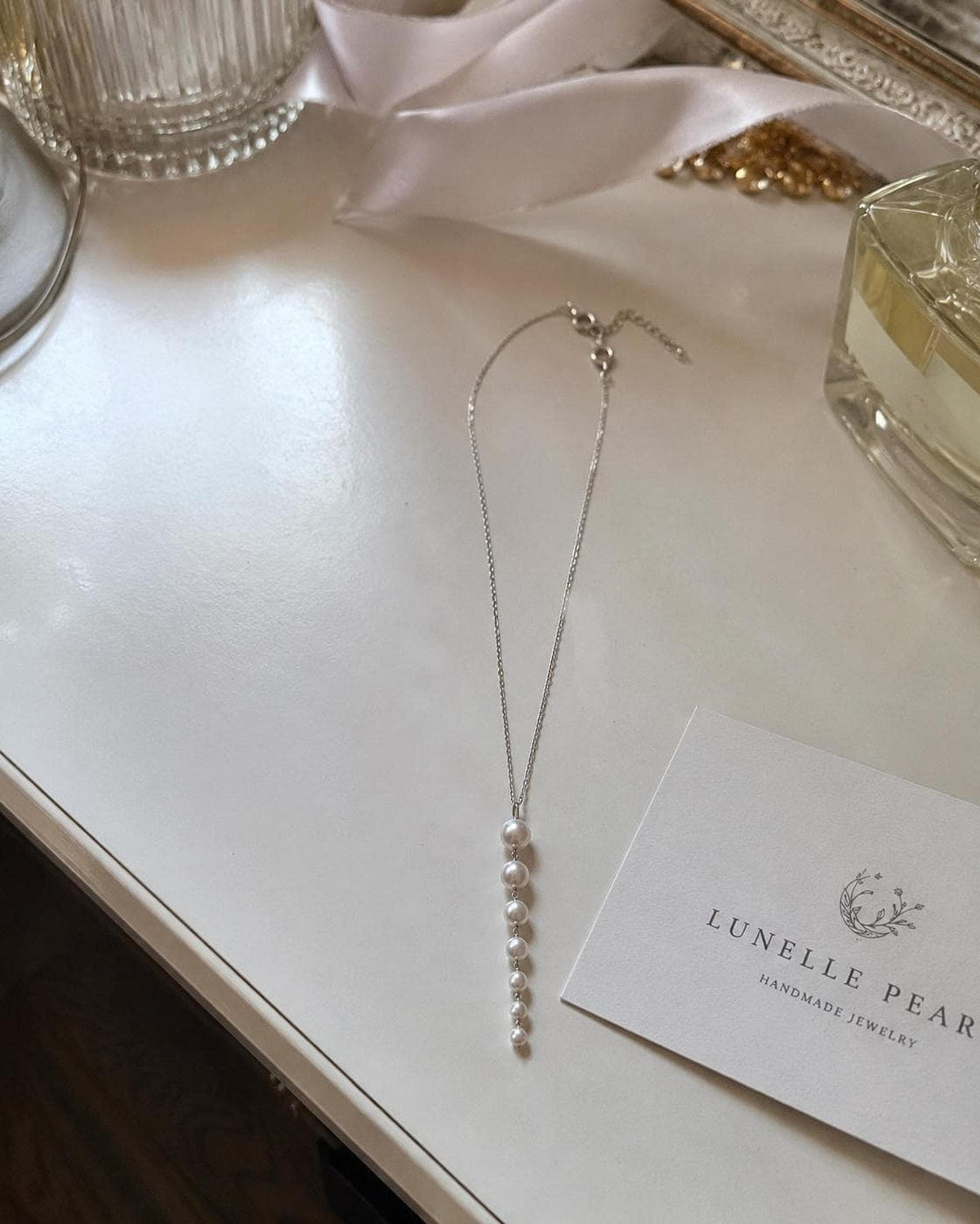 Silver Pearl Drop Necklace, Elegant Bridal Jewelry with 47 cm Chain