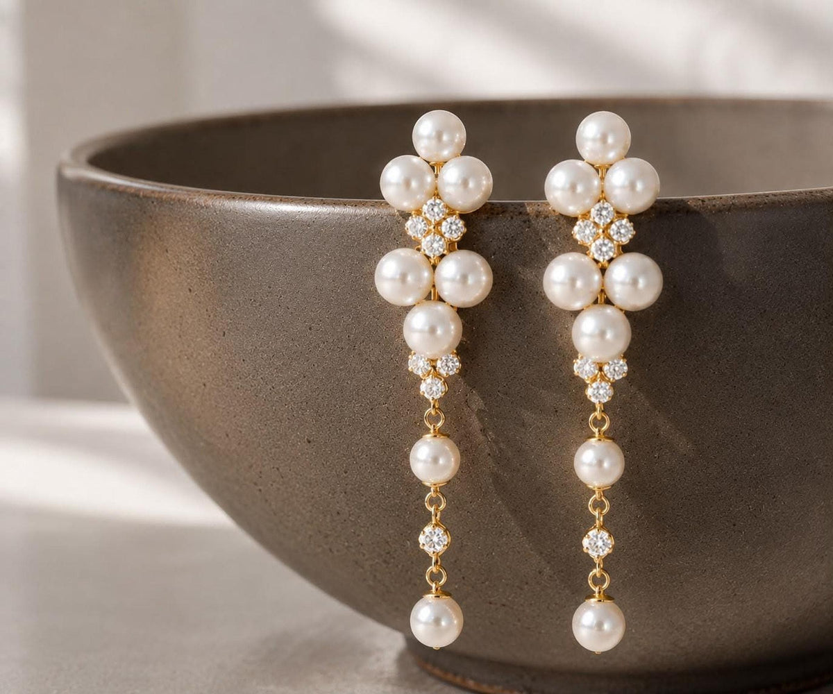Long Floral Pearl Drop Earrings, Gold-Tone Bridal Jewelry for Weddings
