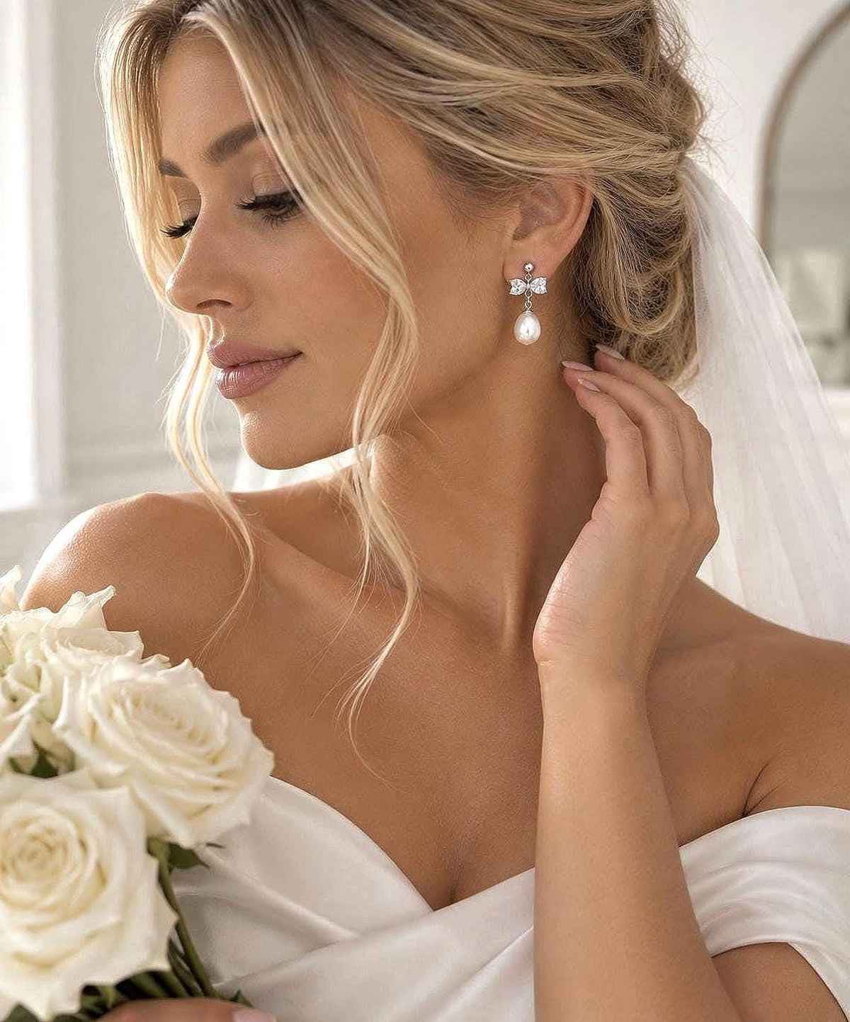 Sterling Silver Mother of Pearl Bow Earrings – Bridal Wedding Drop Jewelry