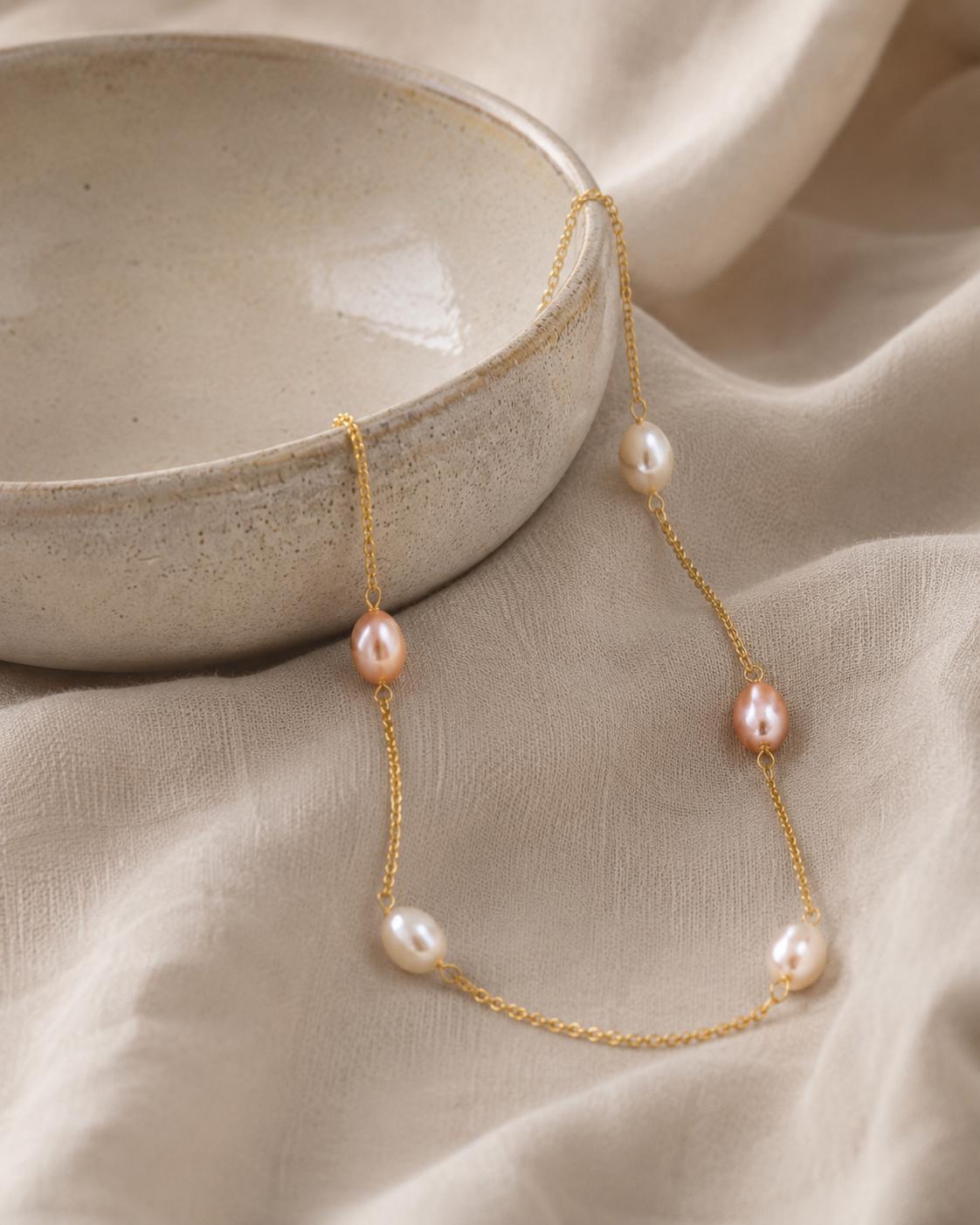 Luna Rosé Freshwater Pearl Necklace – 18k Gold Plated Bridal Chain