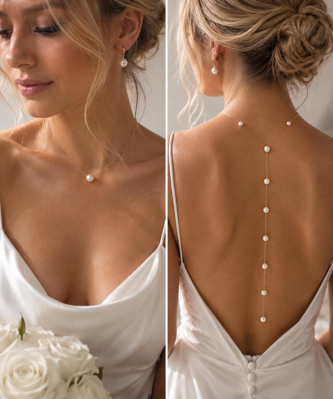 Gold Plated Pearl Back Necklace, Custom Length Bridal Jewelry for Backless Dresses
