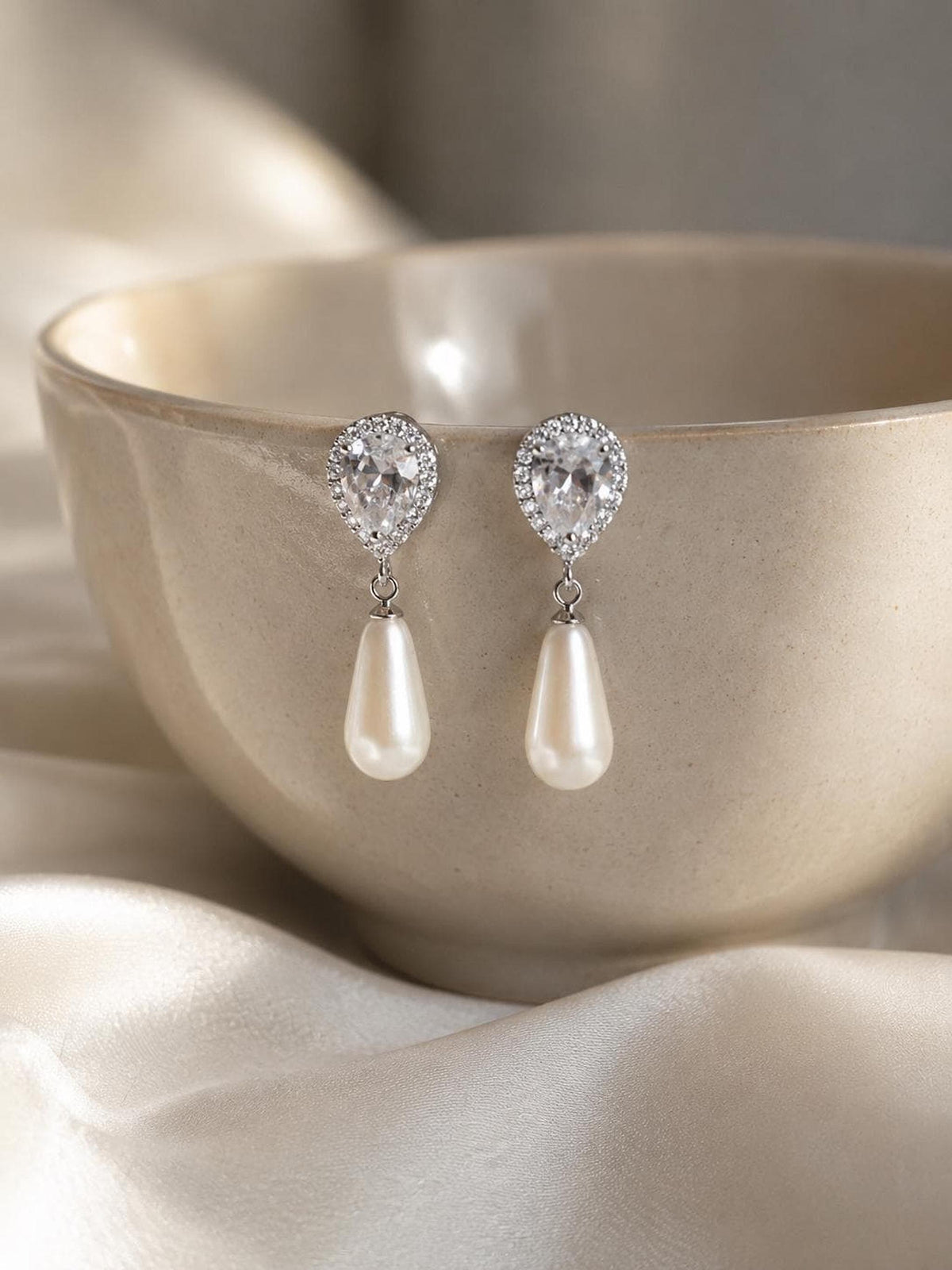 Teardrop Pearl Earrings with CZ Stones, Elegant Bridal Jewelry for Weddings