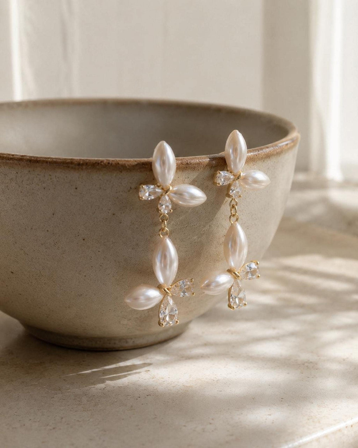 Gold Pearl Drop Bridal Earrings, Elegant Wedding Jewelry with Crystal Detailing