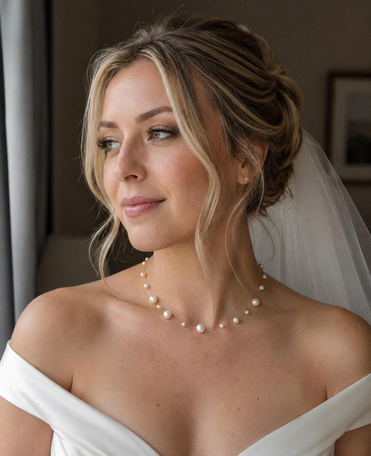 Floating Pearl Necklace: Minimalist Bridal Wedding Jewelry Choker
