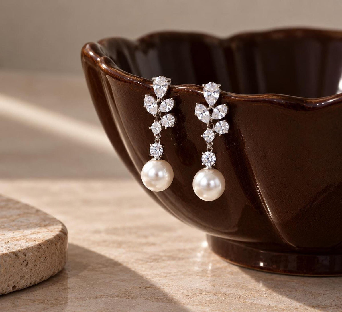 Elegant Pearl Drop Earrings with Crystal Leaf Design, Silver