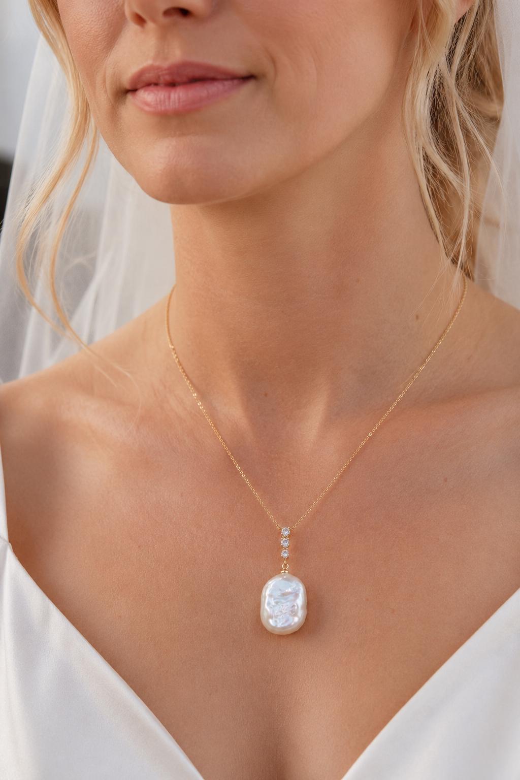 18K Gold Plated Baroque Pearl Jewellery Set, Bridal Necklace Earrings, Elegant Wedding