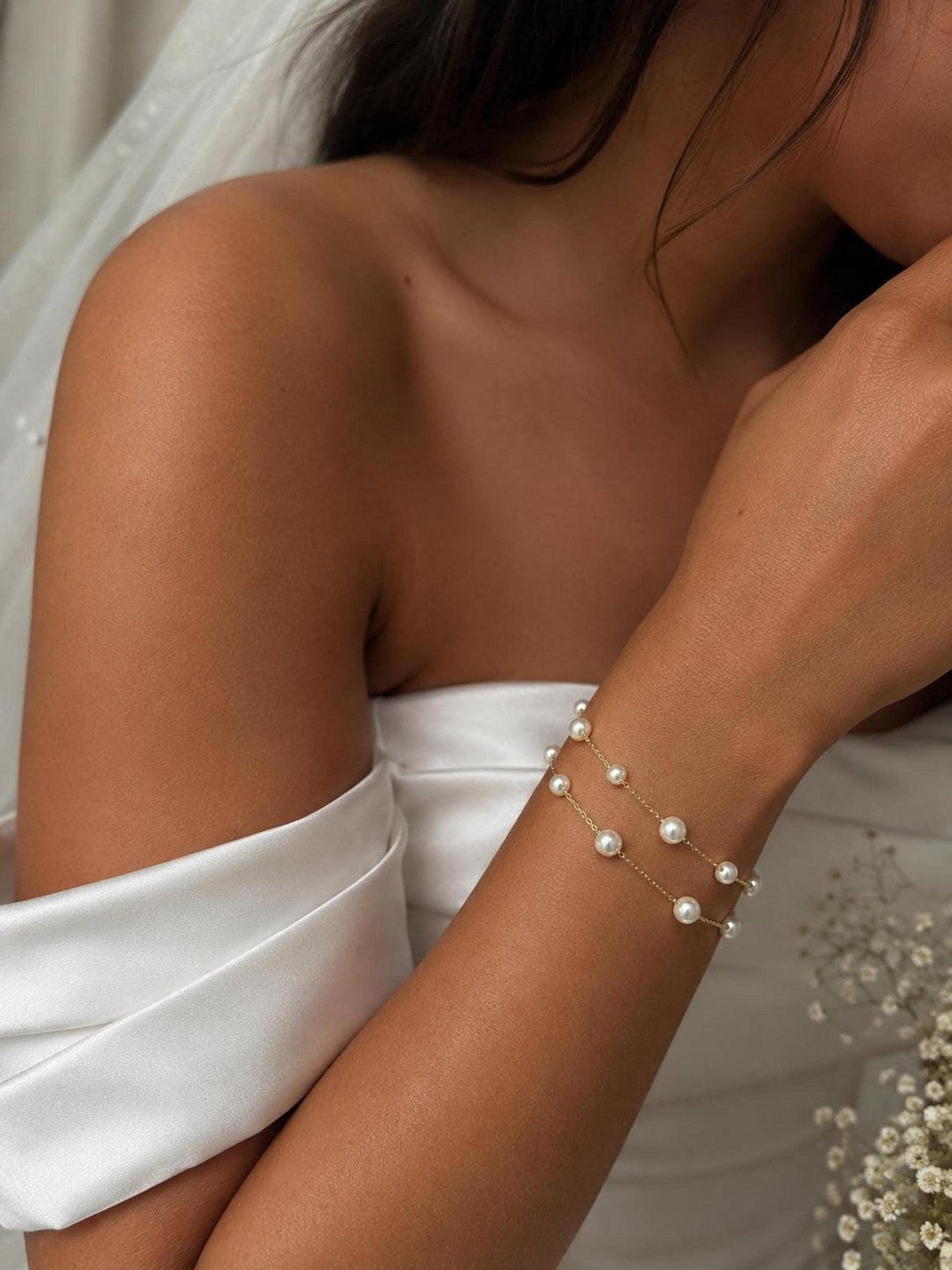 Double Layered Pearl Bracelet, Adjustable Wedding Jewelry