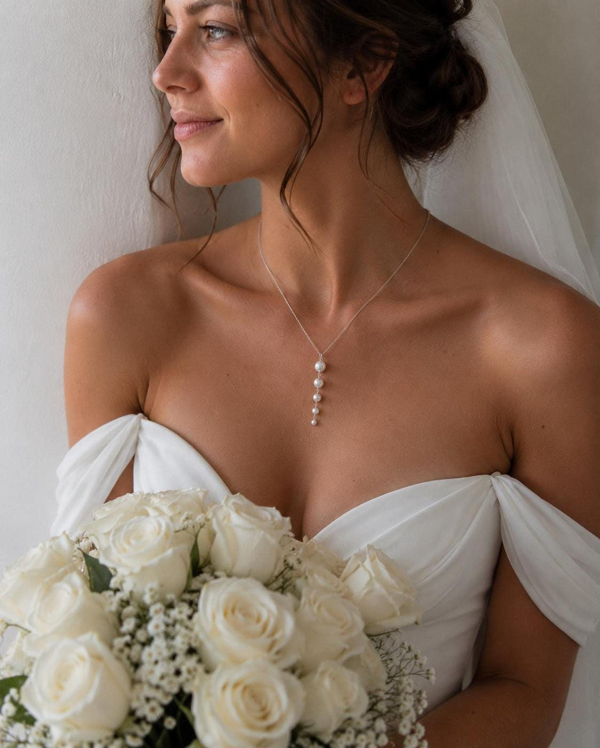 Silver Pearl Drop Necklace, Elegant Bridal Jewelry with 47 cm Chain