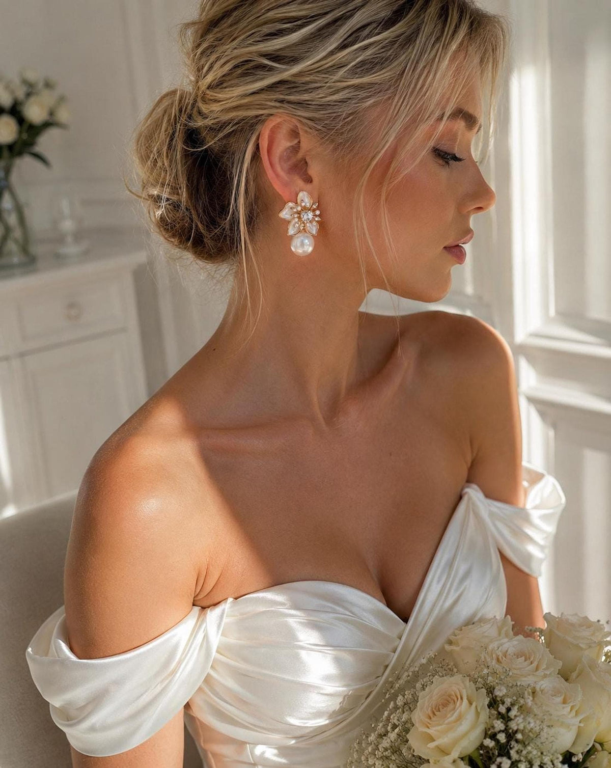 Cherry Blossom Bridal Pearl Drop Earrings